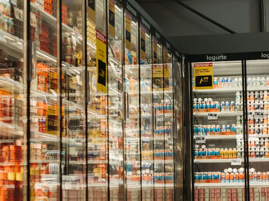 Refrigerated display cases stocked with chilled product